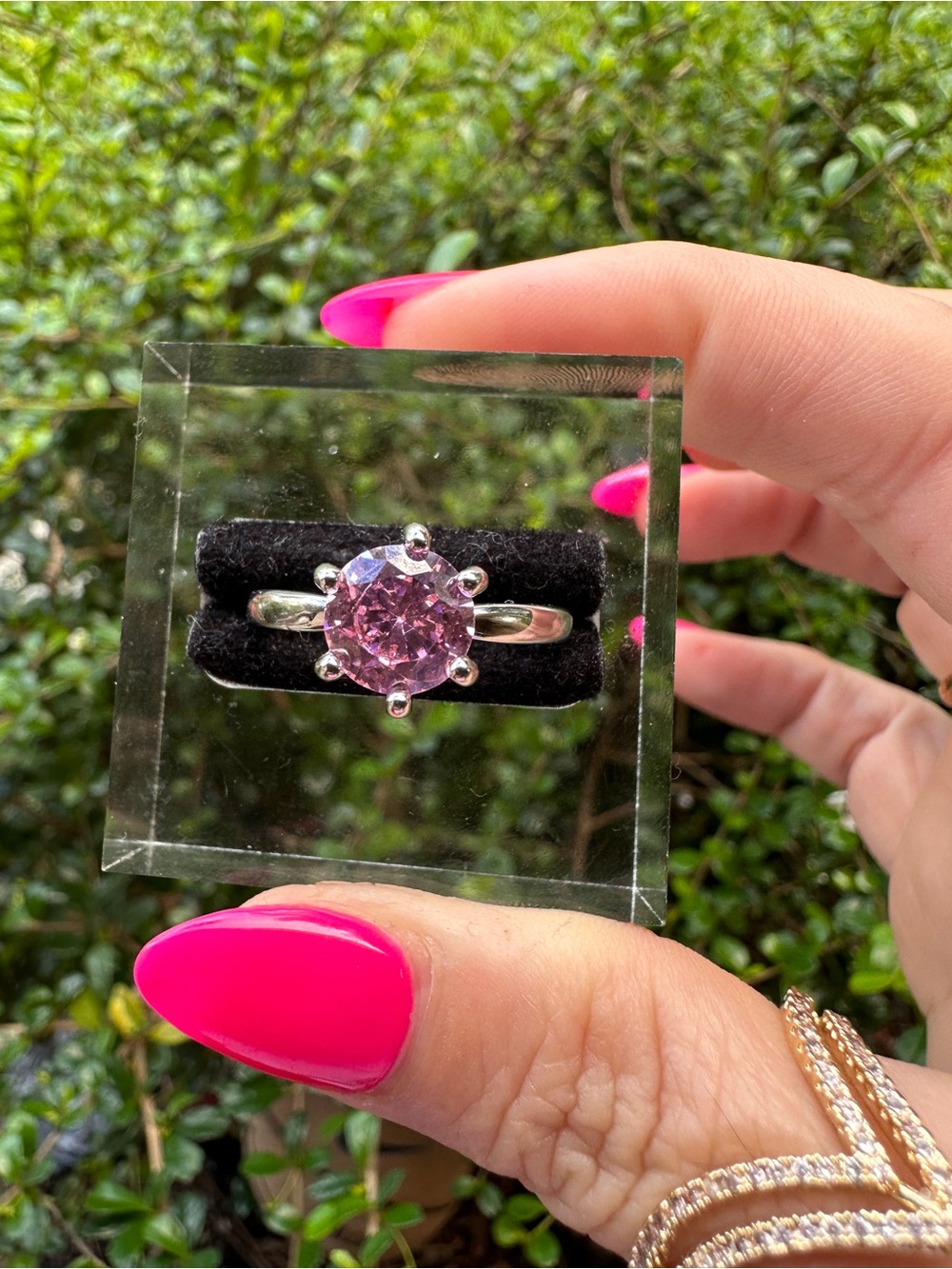 Pink Cubic Zirconia Solitaire Ring - Silver Tone